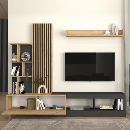 Σύνθεση τηλεόρασης Vermont Megapap χρώμα ανθρακί - sepet oak 240x40x192εκ. Σύνθεση τηλεόρασης Vermont Megapap χρώμα ανθρακί - sepet oak 240x40x192εκ.