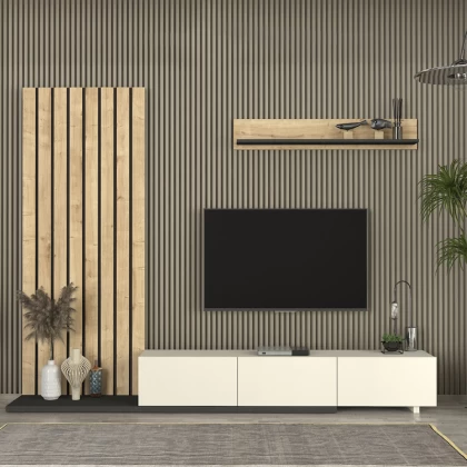 Σύνθεση τηλεόρασης Nagini Megapap χρώμα ivory - sapphire oak - ανθρακί 260x39,4x203,6εκ. Σύνθεση τηλεόρασης Nagini Megapap χρώμα ivory - sapphire oak - ανθρακί 260x39,4x203,6εκ.