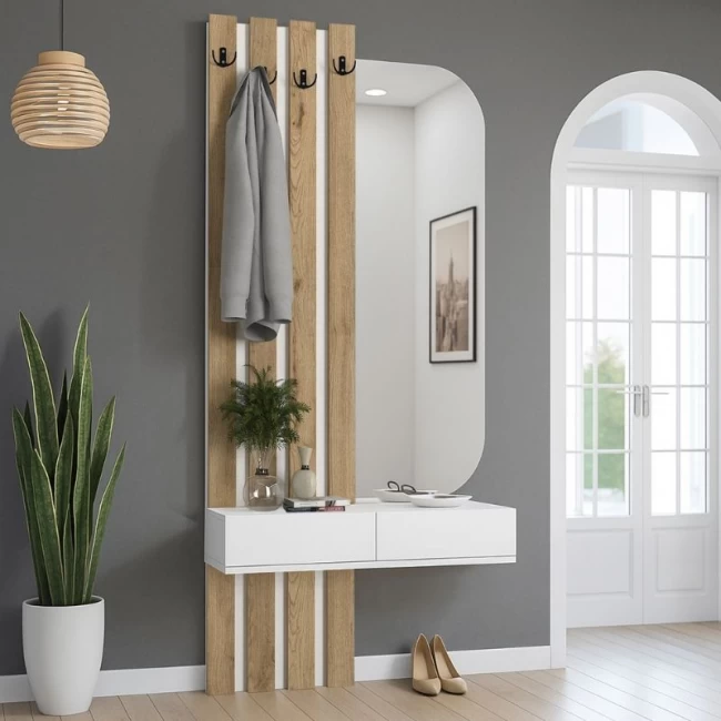Έπιπλο εισόδου Reyas Megapap χρώμα λευκό - sepet oak 90x27x205,6εκ.