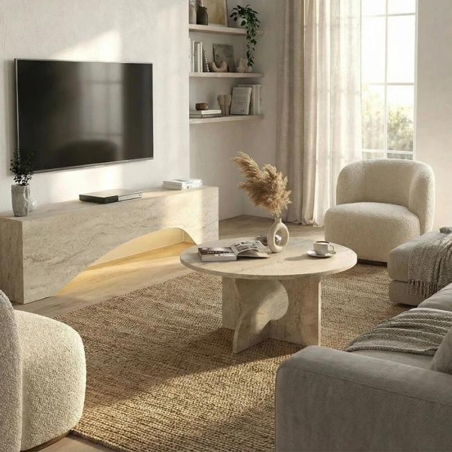 Τραπεζάκι σαλονιού Mara Megapap χρώμα travertine Ø75x36,8εκ.