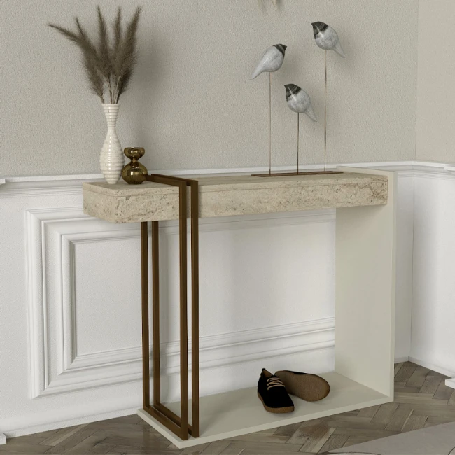 Κονσόλα Desca Megapap χρώμα travertine - sandstone - χρυσό 91,8x29,6x74,2εκ.