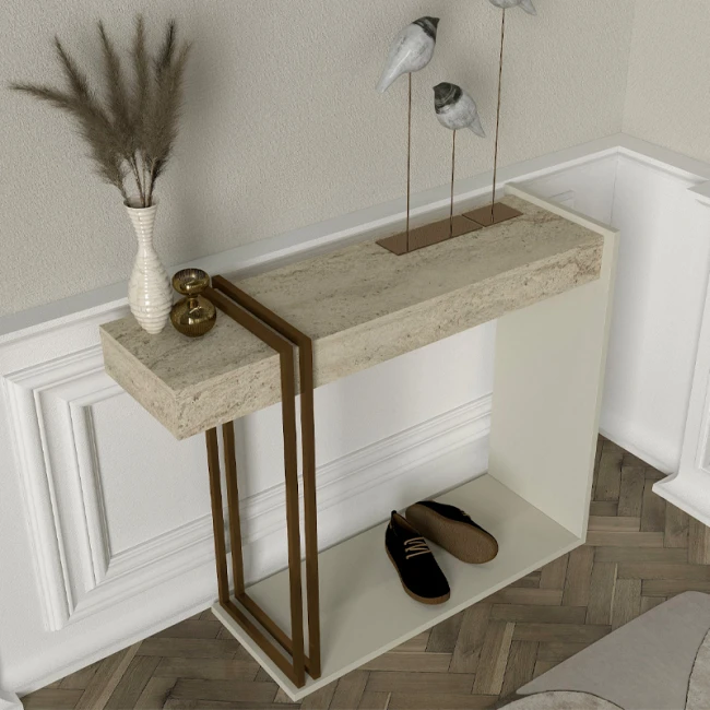Κονσόλα Desca Megapap χρώμα travertine - sandstone - χρυσό 91,8x29,6x74,2εκ.