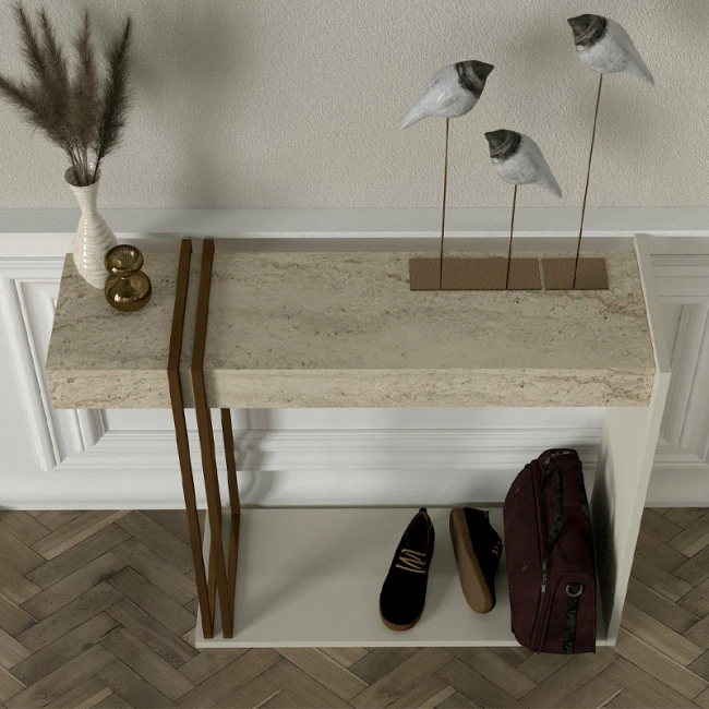 Κονσόλα Desca Megapap χρώμα travertine - sandstone - χρυσό 91,8x29,6x74,2εκ.