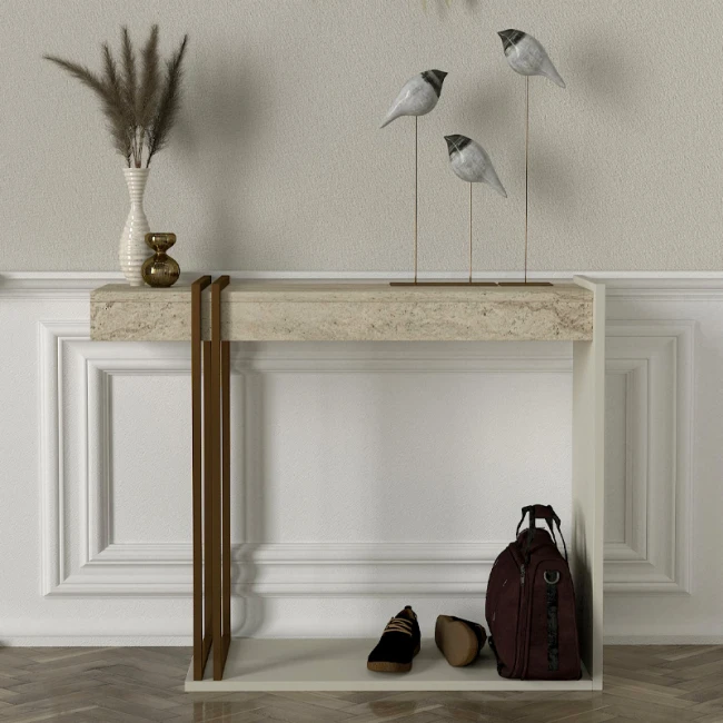 Κονσόλα Desca Megapap χρώμα travertine - sandstone - χρυσό 91,8x29,6x74,2εκ.