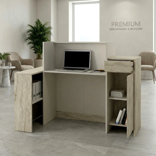 Γραφείο υποδοχής - reception Dayana Megapap με LED χρώμα travertine - sandstone 150x85,2x120εκ.