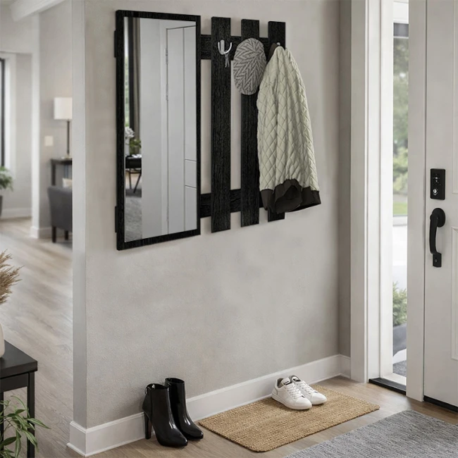 Κρεμάστρα τοίχου με καθρέπτη Folin Megapap χρώμα sencron black 90x4x90εκ.