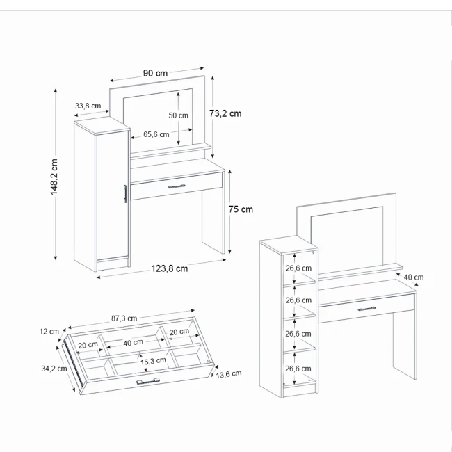 Τουαλέτα με καθρέπτη Kaunos Megapap χρώμα λευκό 123,8x40x148,2εκ.