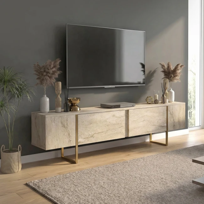 Έπιπλο τηλεόρασης Orontes Megapap χρώμα travertine - χρυσό 180x29,6x50εκ.