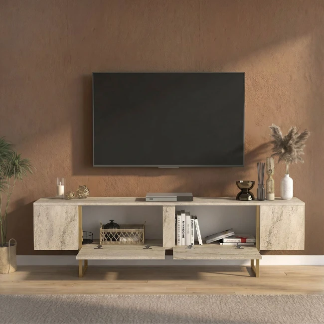 Έπιπλο τηλεόρασης Orontes Megapap χρώμα travertine - χρυσό 180x29,6x50εκ.