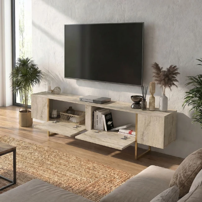 Έπιπλο τηλεόρασης Orontes Megapap χρώμα travertine - χρυσό 180x29,6x50εκ.