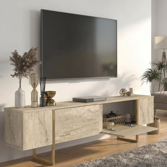 Έπιπλο τηλεόρασης Orontes Megapap χρώμα travertine - χρυσό 180x29,6x50εκ.