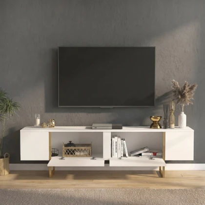 Έπιπλο τηλεόρασης Orontes Megapap χρώμα λευκό - χρυσό 180x29,6x50εκ.