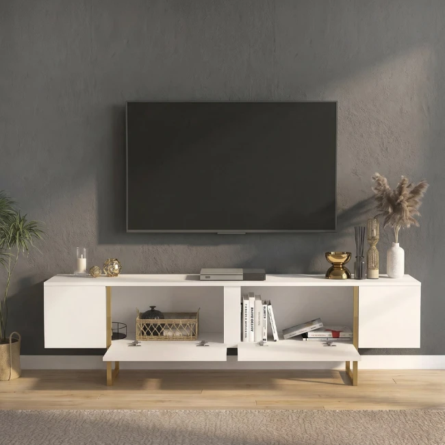 Έπιπλο τηλεόρασης Orontes Megapap χρώμα λευκό - χρυσό 180x29,6x50εκ.