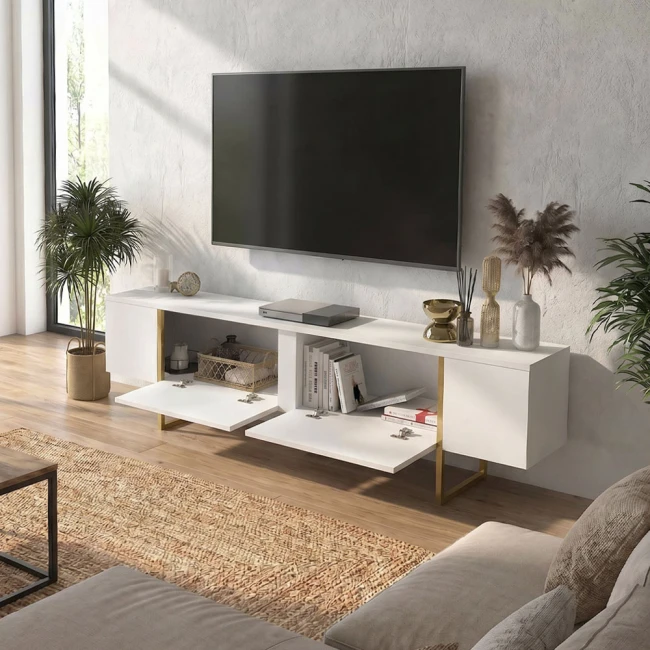 Έπιπλο τηλεόρασης Orontes Megapap χρώμα λευκό - χρυσό 180x29,6x50εκ.