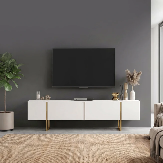 Έπιπλο τηλεόρασης Orontes Megapap χρώμα λευκό - χρυσό 180x29,6x50εκ.