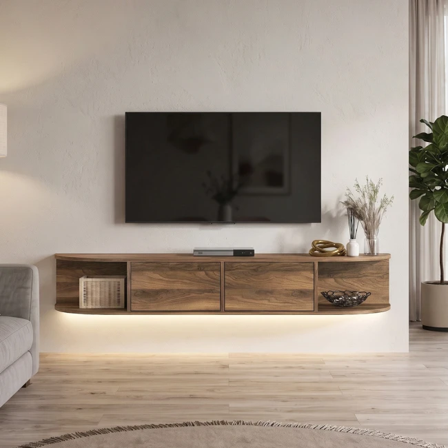 Έπιπλο τηλεόρασης επιτοίχιο Korven Megapap με LED χρώμα καρυδί 180x35x28,8εκ.