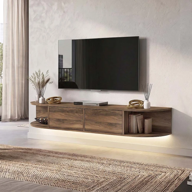 Έπιπλο τηλεόρασης επιτοίχιο Korven Megapap με LED χρώμα καρυδί 180x35x28,8εκ.