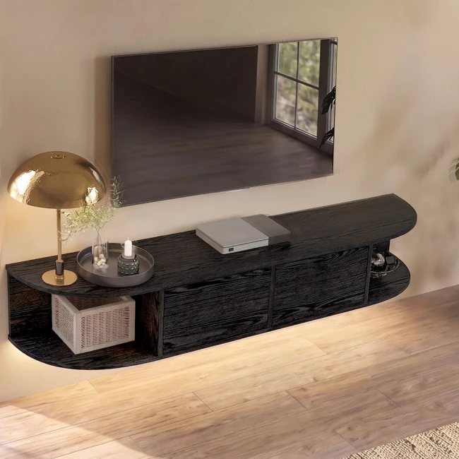 Έπιπλο τηλεόρασης επιτοίχιο Korven Megapap με LED χρώμα sencron black 180x35x28,8εκ.