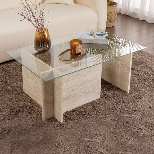 Τραπεζάκι σαλονιού Vetrino Megapap γυάλινο χρώμα travertine 105x65x40εκ.