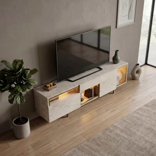Έπιπλο τηλεόρασης Norm Megapap με Led Rgb χρώμα travertine - χρυσό 180x32x55εκ.