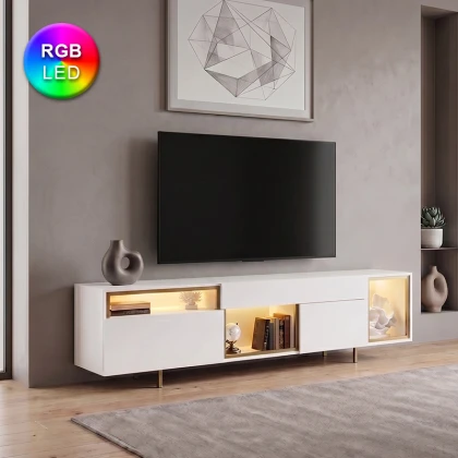 Έπιπλο τηλεόρασης Norm Megapap με Led Rgb χρώμα λευκό - χρυσό 180x32x55εκ.