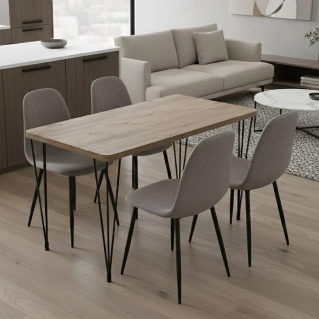 Σετ τραπεζαρία 5τμχ Roger - Iris Megapap Mdf - ύφασμα χρώμα ακακίας - ανοιχτό μπεζ 120x70x75εκ.