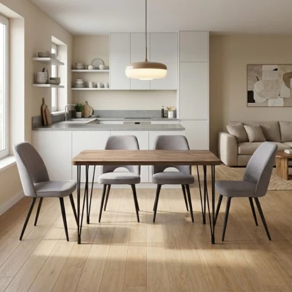 Σετ τραπεζαρία 5τμχ Roger - Christy Megapap Mdf - ύφασμα χρώμα ακακίας - ανοιχτό μπεζ 120x70x75εκ.