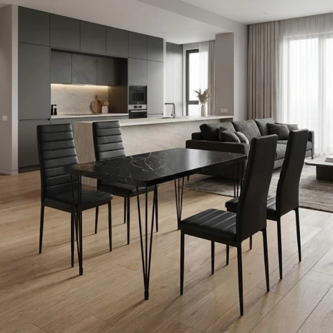 Σετ τραπεζαρία 5τμχ Roger - Rosa Megapap Mdf - PU χρώμα μαύρο εφέ μαρμάρου - μαύρο 120x70x75εκ.