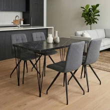 Σετ τραπεζαρία 5τμχ Roger - Bianca Megapap Mdf - ύφασμα χρώμα μαύρο εφέ μαρμάρου - γκρι 120x70x75εκ.