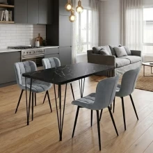 Σετ τραπεζαρία 5τμχ Roger - Chiara Megapap Mdf - ύφασμα χρώμα μαύρο εφέ μαρμάρου - γκρι 120x70x75εκ.