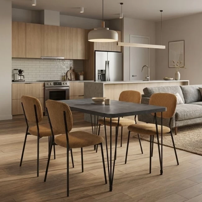 Σετ τραπεζαρία 5τμχ Roger - Kevin Megapap Mdf - ύφασμα χρώμα σκούρο γκρι σκυροδέματος - μουσταρδί 120x70x75εκ.