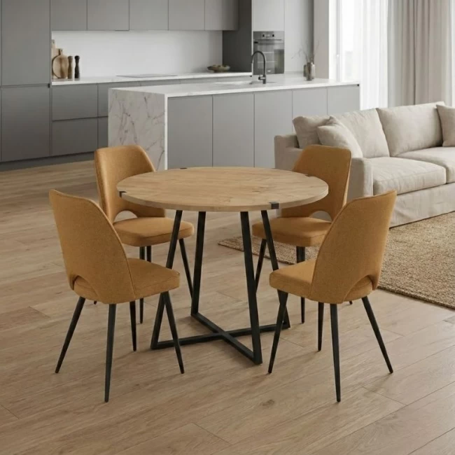 Σετ τραπεζαρία 5τμχ Rubes - Christy Megapap χρώμα φυσικό οξιάς - μουσταρδί Ø100x78εκ.