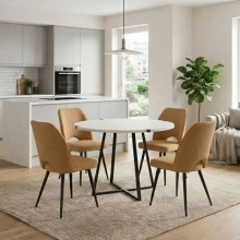 Σετ τραπεζαρία 5τμχ Rubes - Christy Megapap χρώμα λευκό - μουσταρδί Ø100x78εκ.