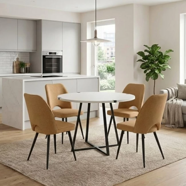 Σετ τραπεζαρία 5τμχ Rubes - Christy Megapap χρώμα λευκό - μουσταρδί Ø100x78εκ.