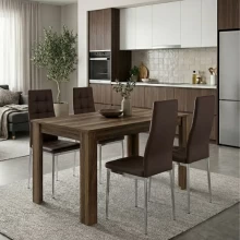 Σετ τραπεζαρία 5τμχ Darlen - Rosa Megapap χρώμα καρυδί - καφέ/χρωμίου πόδι 125x72x74εκ.