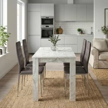 Σετ τραπεζαρία 5τμχ Darlen - Rosa Megapap χρώμα λευκό εφέ μαρμάρου - καφέ/χρωμίου πόδι 125x72x74εκ.