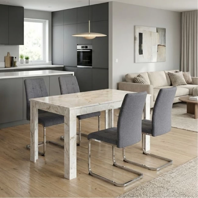 Σετ τραπεζαρία 5τμχ Darlen - Laura Megapap χρώμα λευκό εφέ μαρμάρου - γκρι 125x72x74εκ.