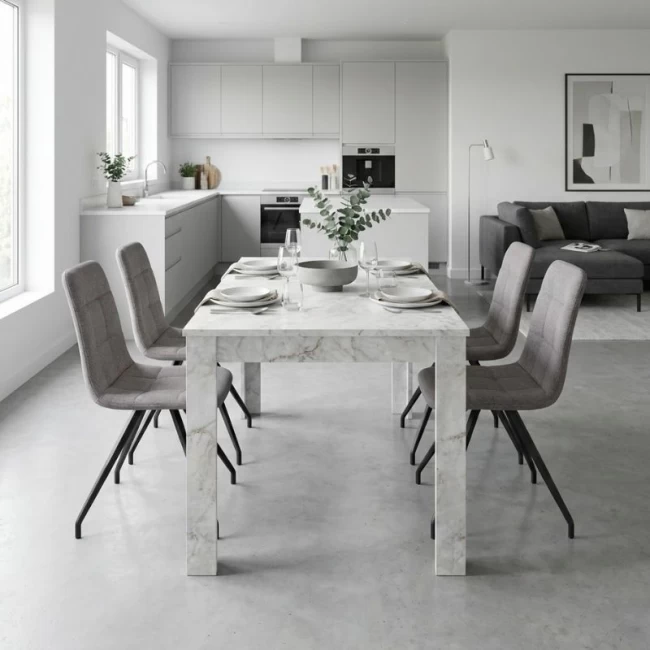 Σετ τραπεζαρία 5τμχ Darlen - Bianca Megapap χρώμα λευκό εφέ μαρμάρου - ανοιχτό μπεζ 125x72x74εκ.