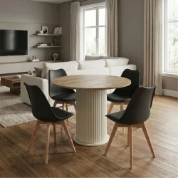 Σετ τραπεζαρία 5τμχ Bohema - Viva Megapap χρώμα ivory/sepet oak - μαύρο/φυσικό πόδι Ø90x77,7εκ.