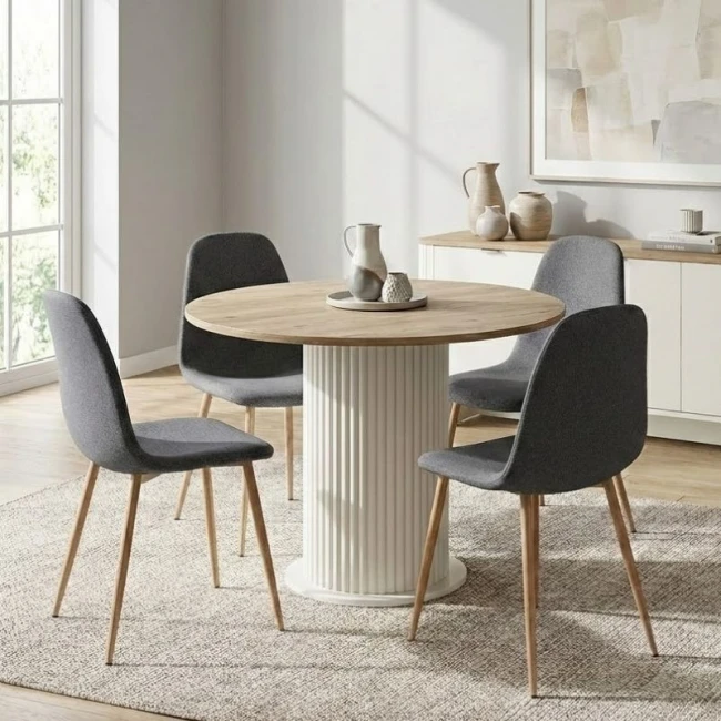 Σετ τραπεζαρία 5τμχ Bohema - Iris Megapap χρώμα ivory/sepet oak - γκρι Ø90x77,7εκ.