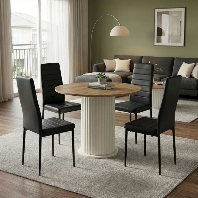 Σετ τραπεζαρία 5τμχ Bohema - Rosa Megapap χρώμα ivory/sepet oak - μαύρο Ø90x77,7εκ.