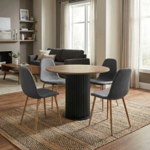 Σετ τραπεζαρία 5τμχ Bohema - Iris Megapap χρώμα μαύρο/sepet oak - γκρι/φυσικό πόδι Ø90x77,7εκ.