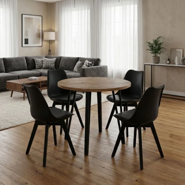 Σετ τραπεζαρία 5τμχ Xana - Viva Megapap χρώμα sepet oak - μαύρο Ø90x77,5εκ.