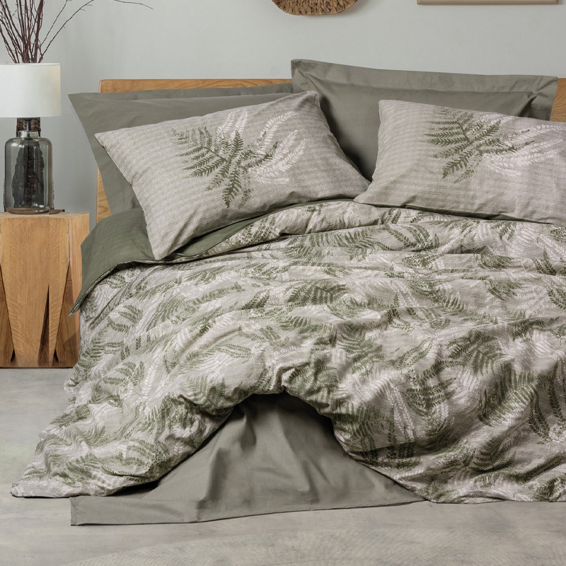 Σετ παπλωματοθήκη Frond Cotton Box 4 τμχ Διπλή (200x220) χρώμα χακί