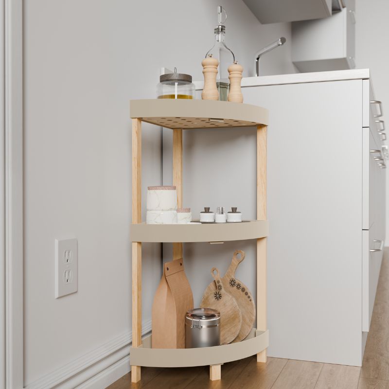 Ραφιέρα δαπέδου γωνιακή πλαστική - ξύλινη χρώμα φυσικό - μπεζ 3