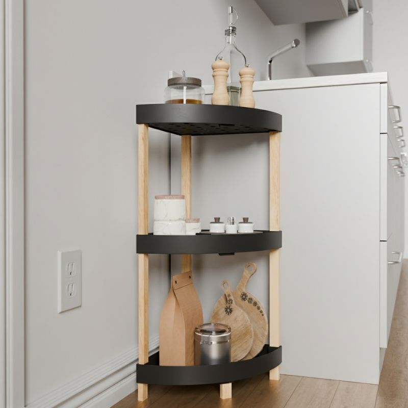 Ραφιέρα δαπέδου γωνιακή πλαστική - ξύλινη χρώμα φυσικό - μαύρο 3