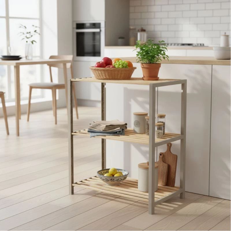 Ραφιέρα δαπέδου - Τραπεζάκι βοηθητικό ξύλινο - πλαστικό χρώμα φυσικό - μπεζ 3