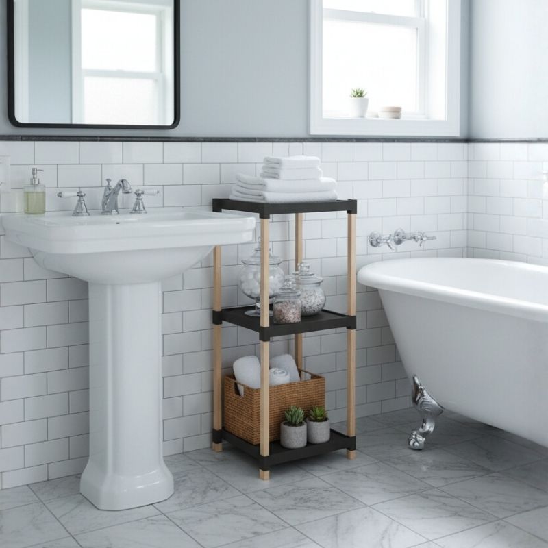 Ραφιέρα δαπέδου πλαστική - ξύλινη χρώμα φυσικό - μαύρο 2