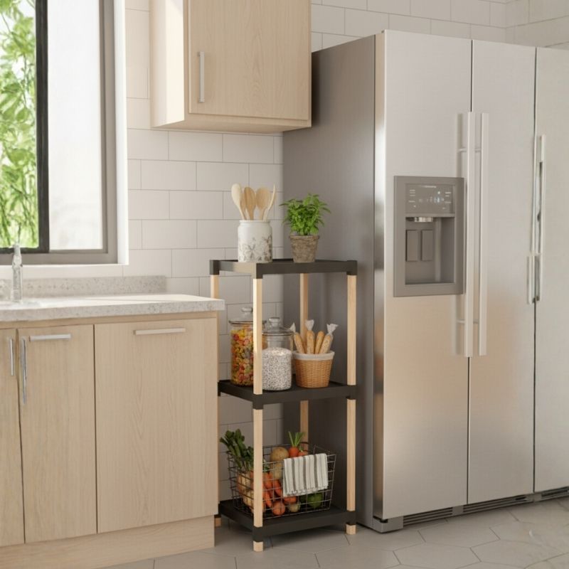 Ραφιέρα δαπέδου πλαστική - ξύλινη χρώμα φυσικό - μαύρο 3