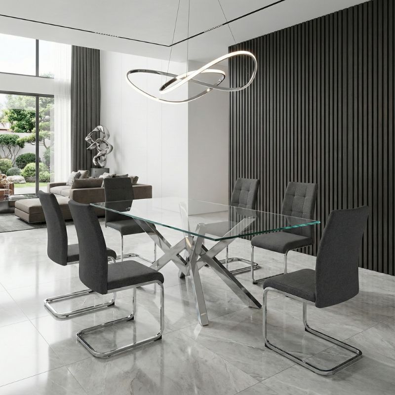 Καρέκλα τραπεζαρίας γκρι ύφασμα - μεταλλική βάση χρωμίου 3